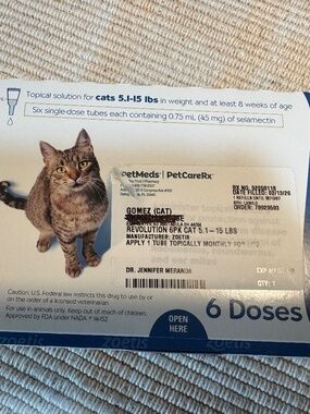 Revolution for Cats 5.1-15 lbs 4Doses 07/2028 expiration